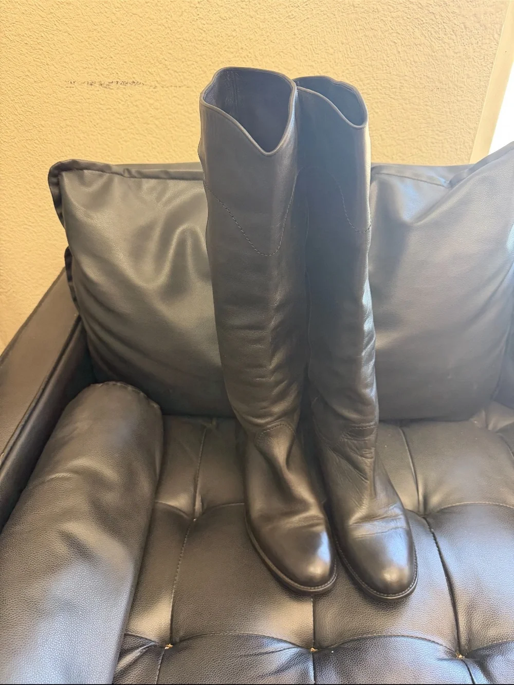 CHANEL Black Leather Over-the-Knee Boots with Embossed CC